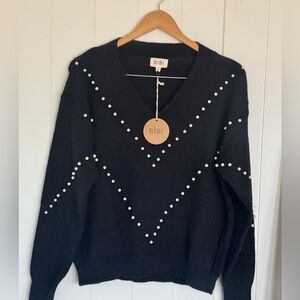 BIBI Black Sweater Pearl Embellished Long Sleeve Sweater Size Small NWT